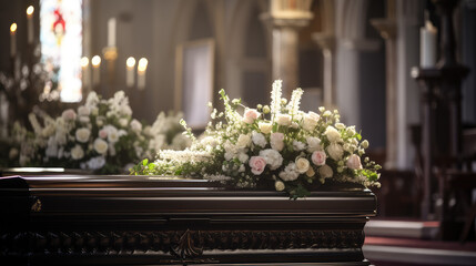 Closeup of modern Coffin in the church with fresh flowers, candles, funeral ceremony. Organization...