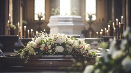 Closeup of modern Coffin in the church with fresh flowers, candles, funeral ceremony. Organization of funerals, farewell to the dead, funeral service.  - obrazy, fototapety, plakaty