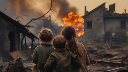 Fototapeta premium A mother and her child watching an explosion in their village
