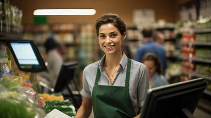 Smiling young woman cashier in green uniform in a supermarket. Job invitation banner, vacant place...