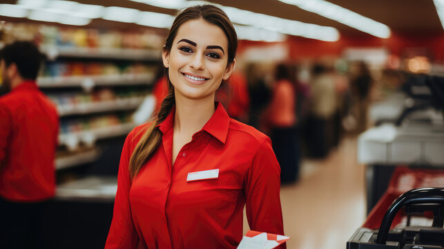 Smiling young woman cashier in red uniform in a supermarket. Job invitation banner, vacant place of sales floor worker or seller in grocery store.  - Powered by Adobe