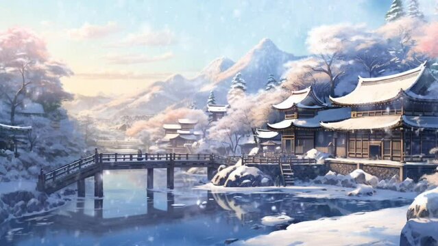 Beautiful fantasy winter natural landscape and rustic animation background in Japanese, Chinese or Korean style. Seamless looping video background animation,cartoon style. Generated with AI