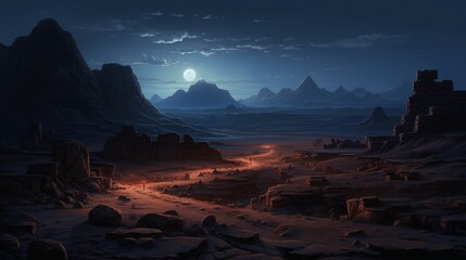 a serene moonlit desert with ancient glowing hieroglyphs - obrazy, fototapety, plakaty