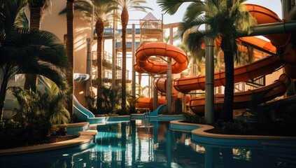 Summer water park, colorful water slides, swimming pools, palm trees.
