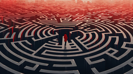 Depiction of mental resilience with a retro twist, person emerging from a maze in neo-pop iconography.