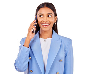 Smile, face of woman and phone, talking and isolated on transparent png background, communication and chat. Business networking, discussion and happy young professional with smartphone conversation.