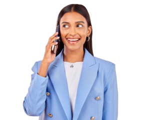 Smile, face of woman and phone, talking and isolated on transparent png background, communication and chat. Business networking, discussion and happy young professional with smartphone conversation.