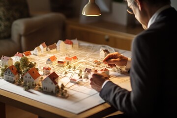 The architect works with a model of the house while thinking about the project concept