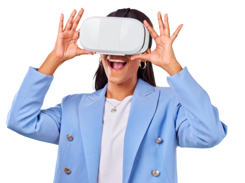 Isolated business woman, virtual reality glasses or excited smile for metaverse, ui or transparent png background. Entrepreneur, 3d user experience and happy for futuristic ar vision in digital world