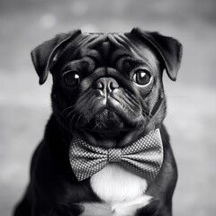Elegant Pug in Monochrome Portrayal, Captivating and Timeless. A black and white photo of a pug wearing a bow tie - obrazy, fototapety, plakaty