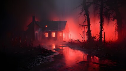 Faded Shadows and Neon Hues: Haunted House in Red Glow with Mystical Mist and Sandpainting