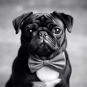 Elegant Pug in Monochrome Portrayal, Captivating and Timeless. A black and white photo of a pug wearing a bow tie