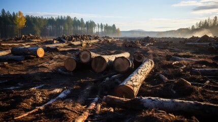 Logs of wood from illegal plantations are scattered on the wet ground. Illegal logging at forest. Concept of ecology, environment, global warming. - obrazy, fototapety, plakaty