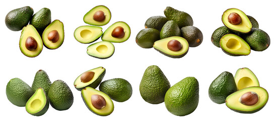 Green avocado avocados, many angles and view side top front sliced halved bunch cut isolated on transparent background cutout, PNG file. Mockup template for artwork graphic design - obrazy, fototapety, plakaty