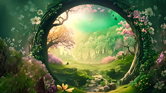 Beautiful enchanted landscape. Fantasy garden background. Magic meadow with spring blooming trees. Round frame with copy space in the middle. Fairy tale with flowers. AI generative.