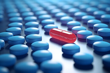 Pastillas azules en hilera con una pildora roja, medicamento