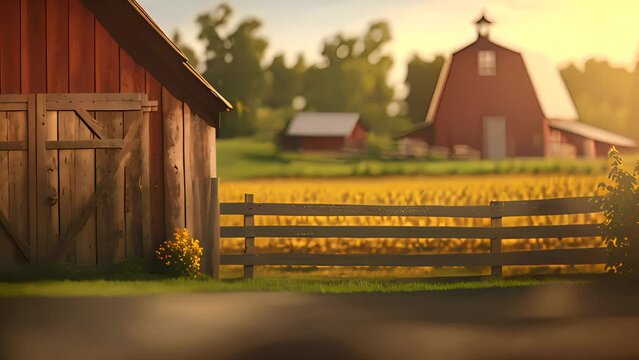 Farm background with barn and wooden fence. Rural landscape farmyard. Summer outdoor backdrop. AI generative .