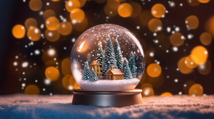 Fototapeta na wymiar Close-up of Christmas tree decoration with snow in translucent glass globe with gold-orange bokeh screen
