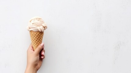 Hand holding ice cream cone isolated on white background. Mock up template product presentation. Copy text space.