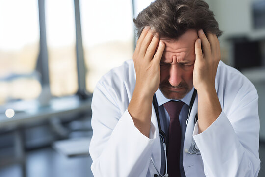 Doctor con las manos en la cabeza consternado y desesperado con mucha tristeza en el semblante