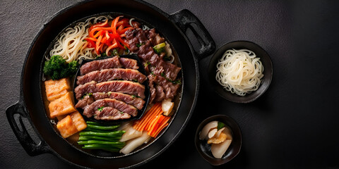 Japanese Sukiyaki in traditional Cast Iron Pot. Chabu sukiyaki and Empty plate on a dark metal background. Top view with copy space.