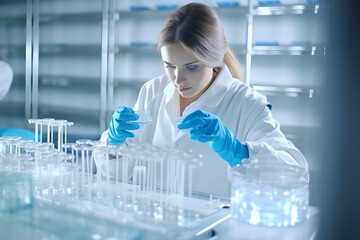 Laboratorista haciendo un analisis quimico o medico sobre alguna enfermedad o virus en probetas transparentes