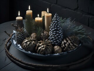 christmas still life with candles and cones
