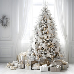 A white Christmas tree with white presents around it. Generative ai.