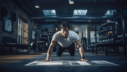 Young athletic man doing push-ups in gym - obrazy, fototapety, plakaty