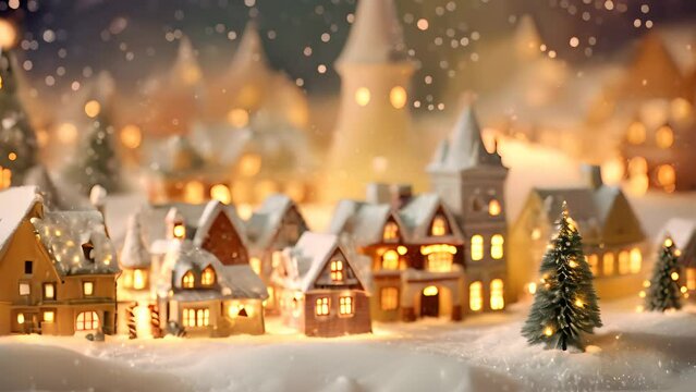 Miniature Christmas village houses and snowfall. Ai generated.