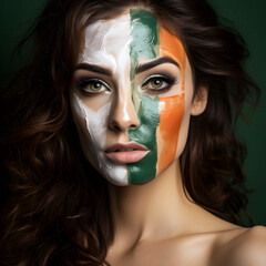 Irish woman with her face painted with the colors of the Ireland flag. Generative ai. 