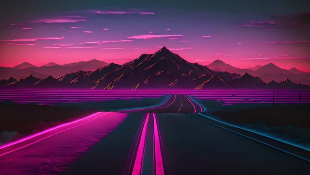 Trendy neon synth wave background with sunset sky, road and mountains, retro abstract horizontal background. Retro wave. AI generative.