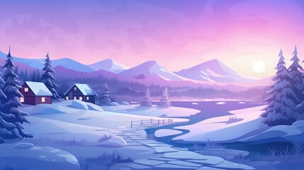 Snowy cartoon small village landscape background, concept art, digital illustration