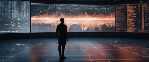 A silhouette of a person standing in front of a giant digital screen with a flow of data showing various cyber threats and vulnerabilities
