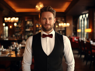 Fototapeta premium successful restaurant manager. Young restaurant manager smiling happily. Restaurant manager welcoming guests comfortably. Generative AI