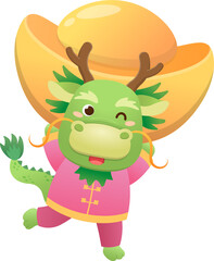 Playful and cute dragon character or mascot with gold ingot, Chinese mythological animal, Chinese new year vector cartoon character