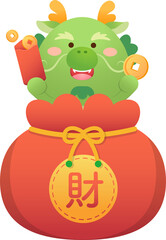 Playful and cute dragon character or mascot with money bag, Chinese mythological animal, vector cartoon character for Chinese New Year