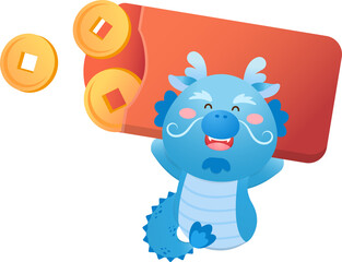 Playful and cute dragon character or mascot with red paper bag and gold coins, Chinese mythological animal, Chinese New Year vector cartoon character