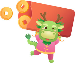 Playful and cute dragon character or mascot with red paper bag and gold coins, Chinese mythological animal, Chinese New Year vector cartoon character