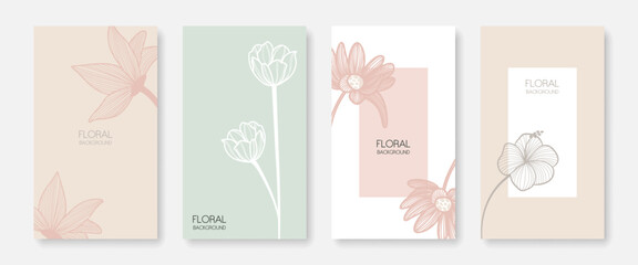 Floral Minimal Background Set with Line Art Botanical Elements. Vector Floral Template for Trendy Design, Social Media, Cards, Invitation, Branding, Presentation.