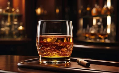 Foto op Aluminium A glass of golden rum and cigar with luxury room background. © Creative_Bringer