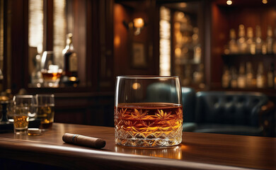 A glass of golden rum and cigar with luxury room background.