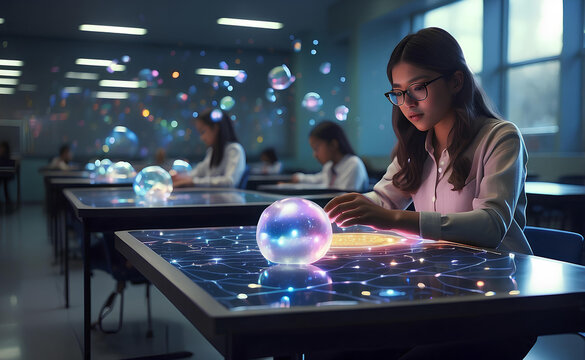 Students have holograms above their desks high school classroom.
