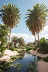 Fototapeta premium Beautiful oasis with tropical plants in desert.