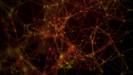 Abstract Geometric Space Golden Yellow Red Shiny Selected Focus Random Connecting Lines And Dots Digital Wireframe Network Background