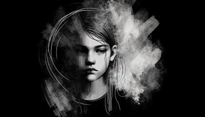 Grayscale abstract sketch of a girl being depressed and sad