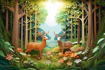Beautiful spring forest. Landscape in decorative illustration style.