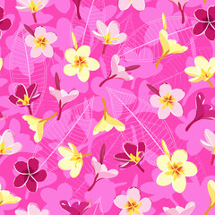 ditsy floral print. pink yellow frangipani flower seamless pattern. plumeria botanical garden background. good for fabric, fashion design, summer spring dress, textile, pajama, background, wallpaper.