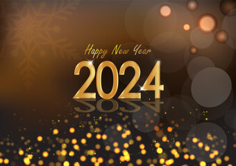 Happy New Year 2024 luxury greeting card with gold glowing bokeh light and snowflake on brown background. Vector illustration