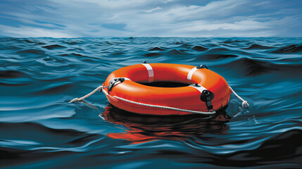 Life buoy floats serenely in the vast expanse of the open ocean